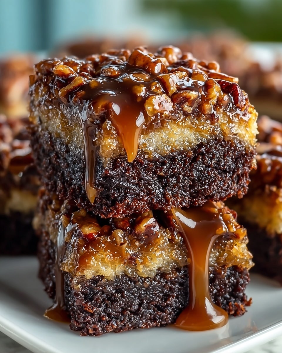 The image shows rich, moist square dessert bars stacked on a white plate, each bar having two distinct layers: the bottom layer is a dark, dense chocolate brownie with a slightly rough texture, while the top layer is a lighter, golden brown caramel pecan layer studded with glossy, whole pecans. Shiny caramel sauce drizzles down the sides of the bars, adding a sticky, sweet glaze that enhances the nutty topping. The white plate sits on a white marbled surface, with a blurred blue-toned background adding a soft contrast. photo taken with an iphone --ar 4:5 --v 7