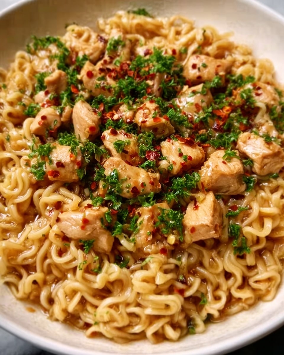 The image shows a close-up of a bowl filled with cooked instant noodles topped with small pieces of cooked chicken. The noodles are soft and slightly shiny, light brown in color from the sauce. The chicken pieces are golden brown and scattered evenly on top. Fresh green herbs are sprinkled over the chicken, adding a pop of color. The bowl is white and sits on a white marbled surface, with a woman's hand holding the bowl from the side. photo taken with an iphone --ar 4:5 --v 7