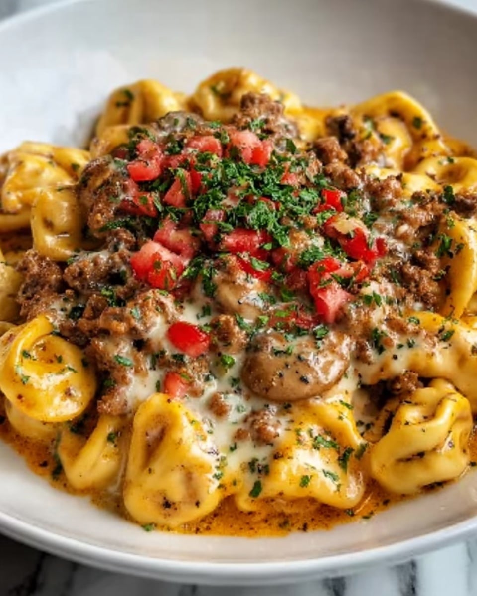 The image shows a close-up of a plate full of tortellini covered in creamy sauce mixed with browned ground meat and sautéed mushrooms. The tortellini are golden yellow with a smooth, soft texture, layered underneath a thick, light brown meat sauce with visible pieces of mushrooms and small bits of red bell pepper on top. The dish is sprinkled with chopped fresh green herbs, adding a touch of color contrast. The food is presented on a white plate with a white marbled background. Photo taken with an iphone --ar 4:5 --v 7