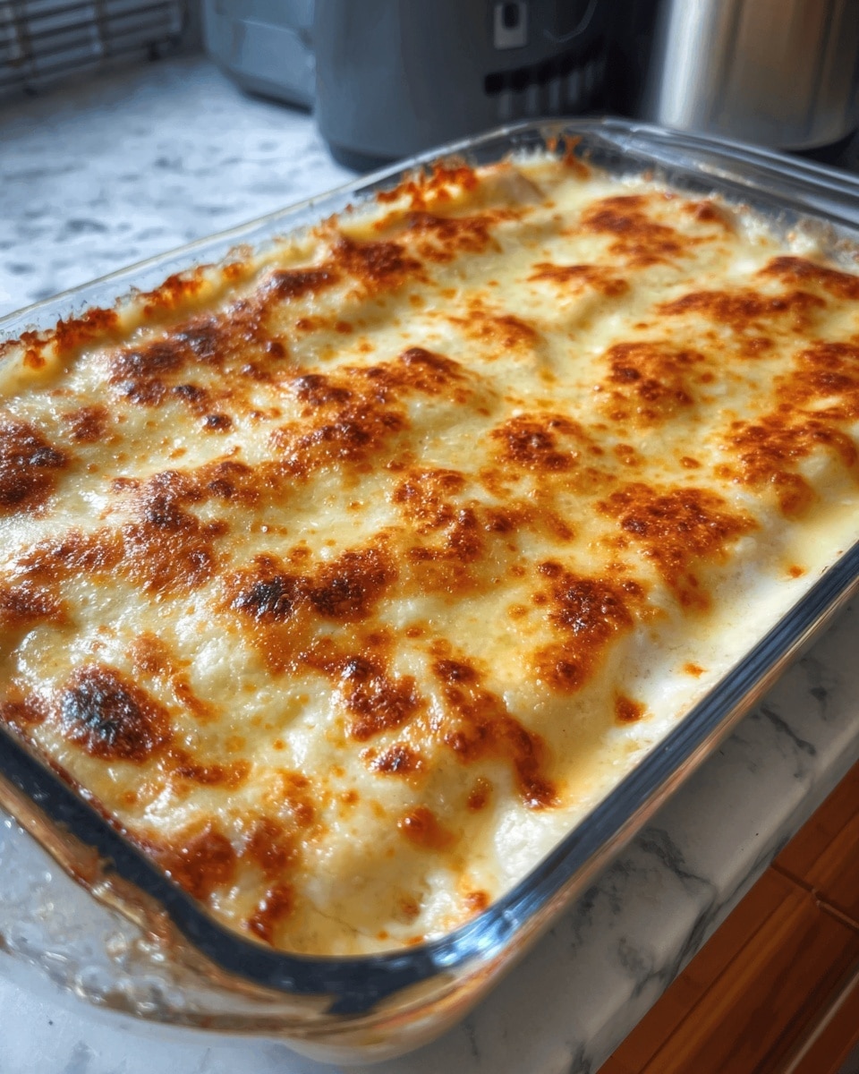 A baked dish in a clear glass rectangular dish with a single layer of melted cheese on top that is golden brown and bubbly, with some darker browned spots scattered around. The cheese layer has a slightly shiny, creamy texture and covers the entire surface evenly. The dish is placed on a white marbled surface with part of a wooden corner and a gray kitchen appliance visible in the background. Photo taken with an iphone --ar 4:5 --v 7