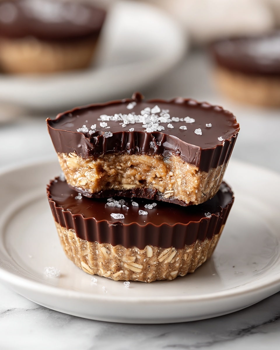 The image shows two stacked oat and chocolate cups placed on a white plate with a white marbled texture underneath. Each cup has two layers: a bottom layer made of light tan oats mixed with a sticky binder, giving a rough texture and a slightly glossy look, and a top layer of thick, smooth dark chocolate with a slightly shiny surface. The top chocolate layer has small salt flakes sprinkled on it. The edges of the chocolate cups are ridged, and one of the top cups has a bite taken out, revealing the oat mixture inside. In the blurred background, more chocolate cups are visible. photo taken with an iphone --ar 4:5 --v 7