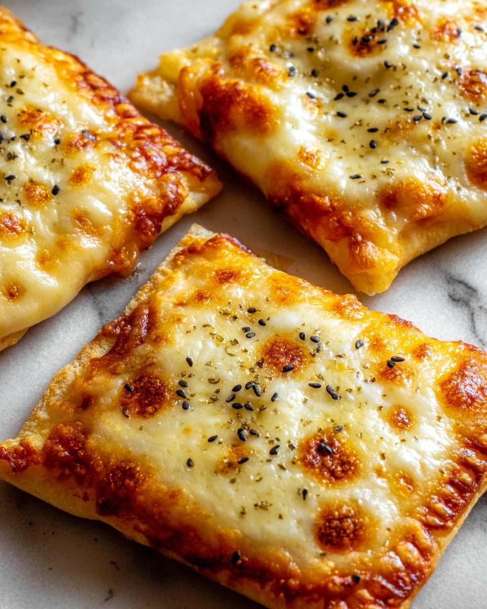 The image shows four square pieces of pizza on a white marbled surface. Each piece has a golden-brown crust with melted cheese covering the top, giving a smooth and slightly bubbly texture. There is a layer of red tomato sauce just beneath the cheese, visible around the edges. The cheese is sprinkled with black sesame seeds, adding small dark spots on top for contrast. The pieces are placed close to each other, showing the soft and slightly crispy texture of the crust. Photo taken with an iphone --ar 4:5 --v 7