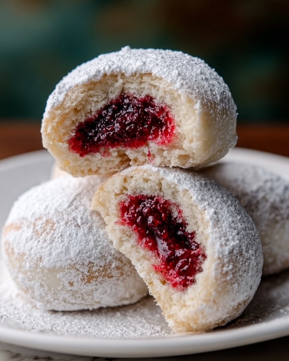 The image shows a close-up of three round pastries stacked on a white plate placed on a white marbled surface, with one pastry cut in half and placed on top to show the inside. Each pastry has a smooth outer layer dusted thickly with white powdered sugar, giving a soft, powdery texture. The cut pastry reveals a bright, deep red jam filling with a slightly glossy and chunky texture, contrasting vividly against the pale dough outer layer. The background is softly blurred with dark green and brown colors, highlighting the pastries. photo taken with an iphone --ar 4:5 --v 7