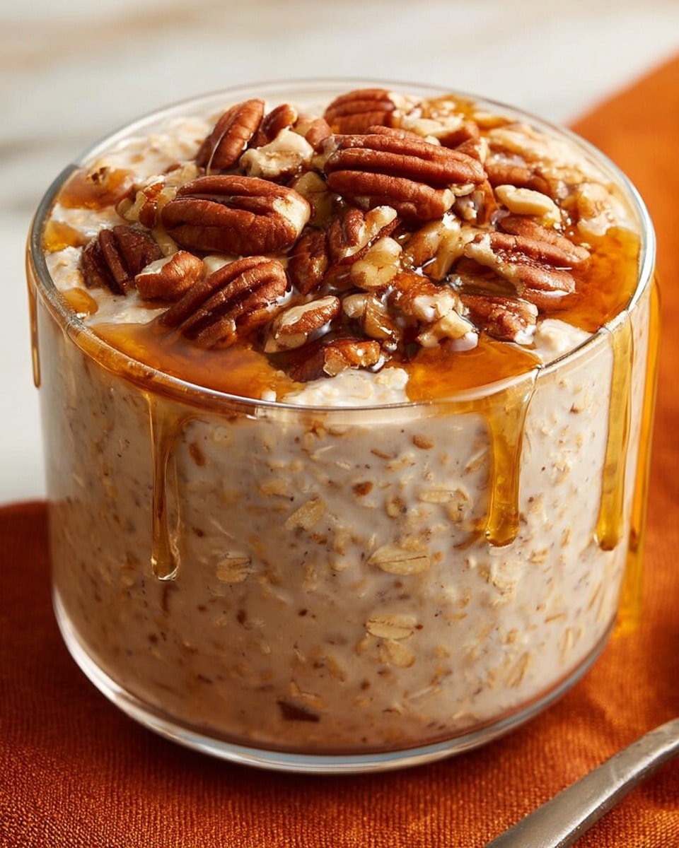 A clear glass cup filled with a creamy light beige oatmeal mixture that is thick and slightly textured, topped with a handful of whole and chopped pecans that are rich brown and glossy with syrup dripping down the sides of the glass. The cup is placed on a white marbled surface with an orange cloth nearby, and a spoon is slightly visible in the background. photo taken with an iphone --ar 4:5 --v 7