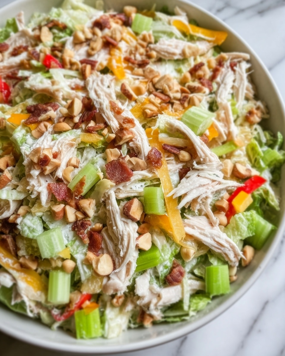 A colorful salad served in a white bowl sits on a white marbled surface. The salad has a base layer of green celery sticks cut into pieces, topped with a layer of shredded white chicken. Over the chicken, there are scattered thin slices of red and yellow bell peppers, adding bright touches of color. Chopped nuts are sprinkled on top, providing a rough and crunchy texture. The photo is clear and bright, showing the fresh and mixed ingredients closely. Photo taken with an iphone --ar 4:5 --v 7