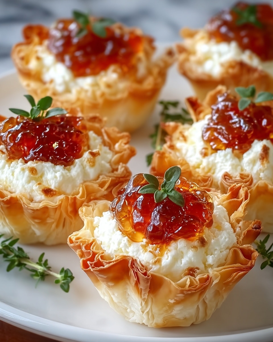 The image shows five small, crispy, golden brown filo pastry cups with ruffled edges, each filled with a smooth, creamy white cheese layer. On top of the cheese, there is a thick dollop of glossy, dark amber-colored jam or chutney, with visible chunks adding texture. Each cup is garnished with a small sprig of fresh green herb, likely thyme. The cups are arranged on a white plate resting on a white marbled surface, with a few sprigs of rosemary placed around for decoration. The photo taken with an iphone --ar 4:5 --v 7