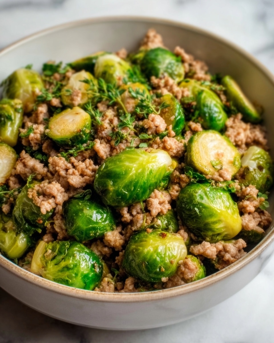 The image shows a close-up of a white bowl filled with a mix of cooked ground meat and halved Brussels sprouts. The bottom layer is a bed of evenly browned meat, slightly crumbly in texture, with a warm brown color. On top and scattered throughout are vibrant green Brussels sprouts, some slightly charred and caramelized with golden-brown edges, showing detailed textures of the leaves. The bowl sits on a white marbled surface. The overall look is hearty and fresh, with a contrast between the green vegetables and brown meat. Photo taken with an iphone --ar 4:5 --v 7