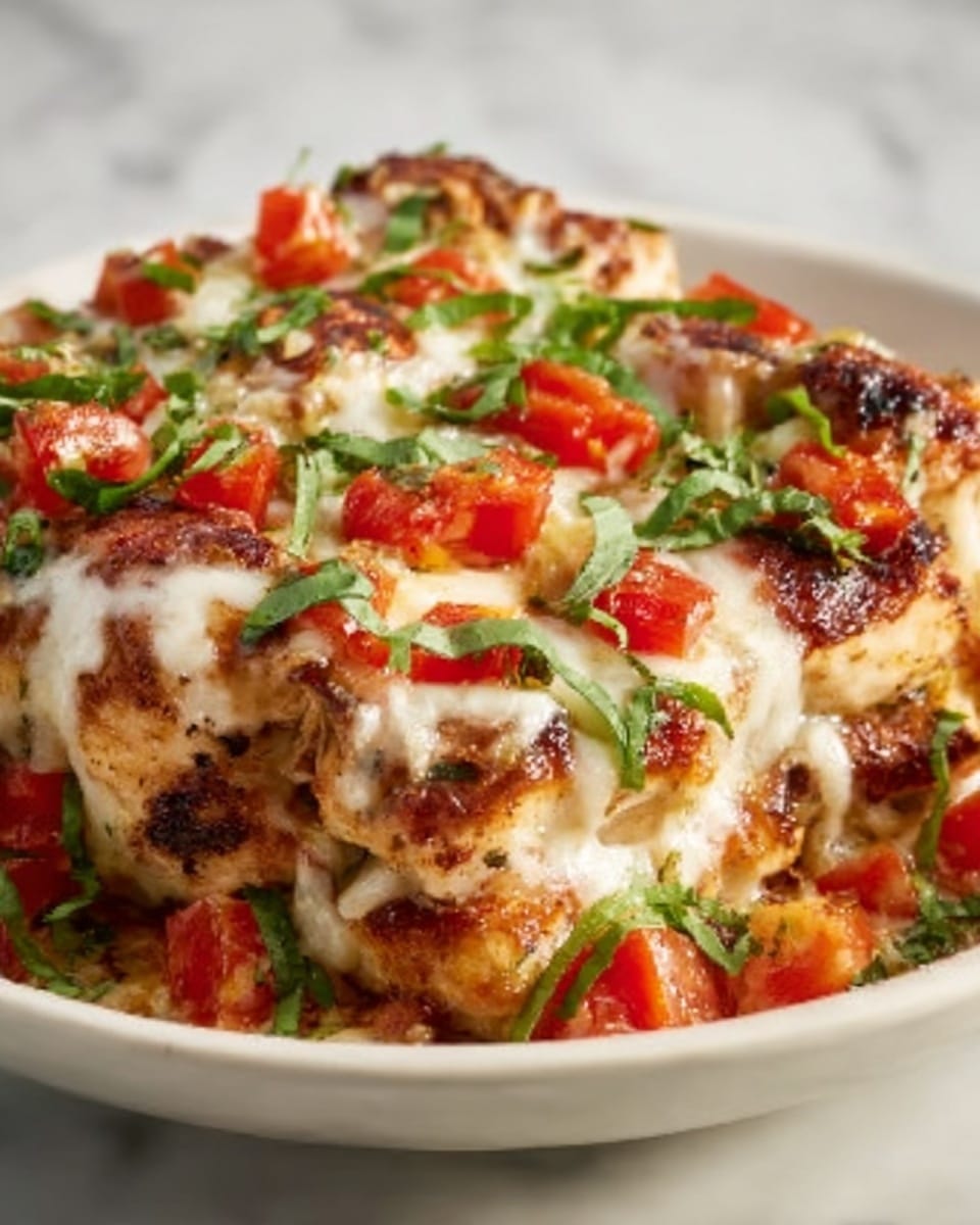 The image shows a white plate filled with crispy, golden-brown tater tots as the base layer, topped evenly with melted white cheese that looks soft and creamy. On top of the cheese, there are scattered small red tomato pieces and fresh green chopped herbs creating a colorful, fresh look. The texture of the tater tots is crunchy, while the cheese looks stretchy and gooey. The whole dish has a warm, inviting feel with a mix of red, white, and green colors on a white marbled surface. Photo taken with an iphone --ar 4:5 --v 7