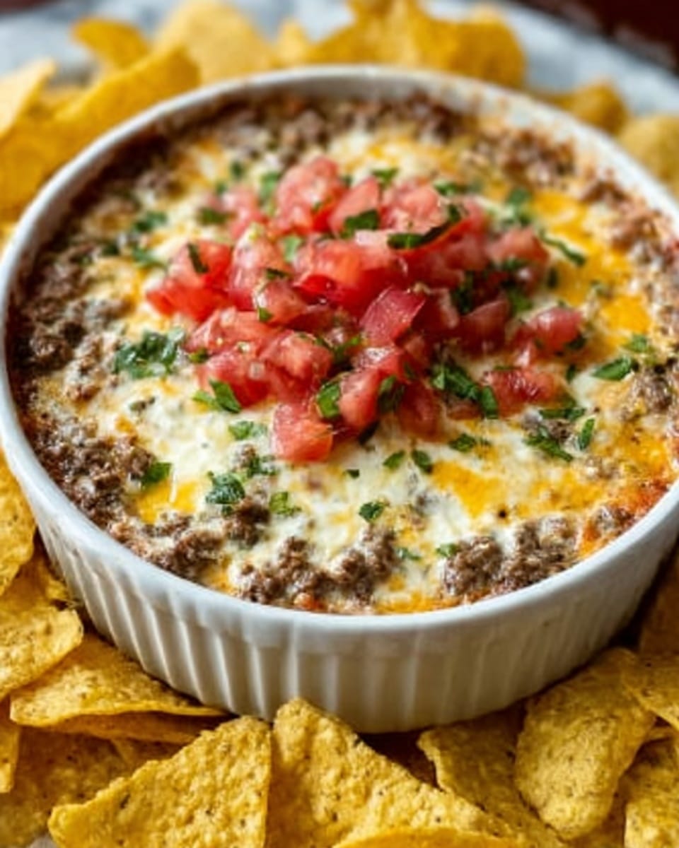A close-up image of a cheesy beef dip served in a white ceramic round bowl with ridged edges, filled to the top. The dip has a melted golden cheese layer on the surface with browned ground beef mixed in, scattered with small chopped green herbs and diced bright red tomatoes on top. The bowl is placed on a white marbled surface, surrounded by triangular yellow corn tortilla chips arranged loosely around it. Photo taken with an iphone --ar 4:5 --v 7