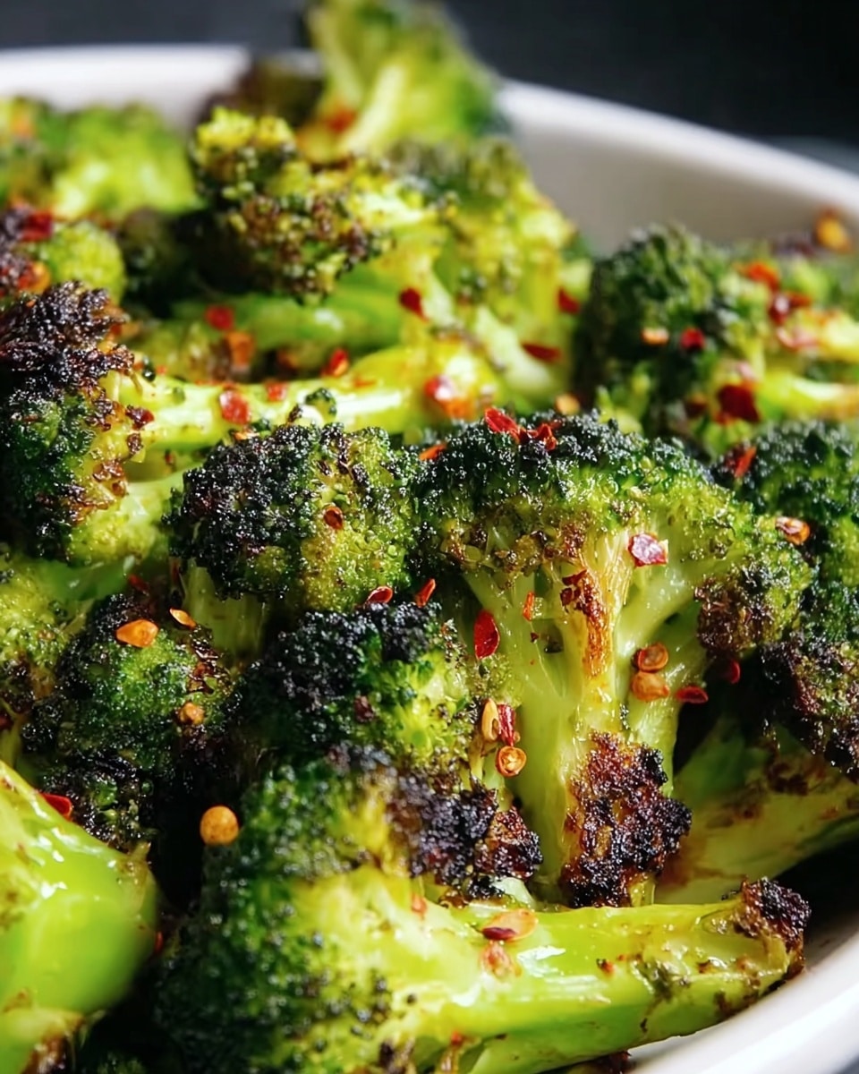 The image shows close-up roasted broccoli florets, with a bright green color and some parts charred to a dark brown or black, giving a crispy look. The broccoli is sprinkled with red chili flakes that add small red spots throughout. The texture looks crunchy on the edges and soft on the inside, with the stems lighter green and the tops darker. The broccoli pieces are uneven in size, filling the frame fully against a blurred white marbled texture in the background. photo taken with an iphone --ar 4:5 --v 7