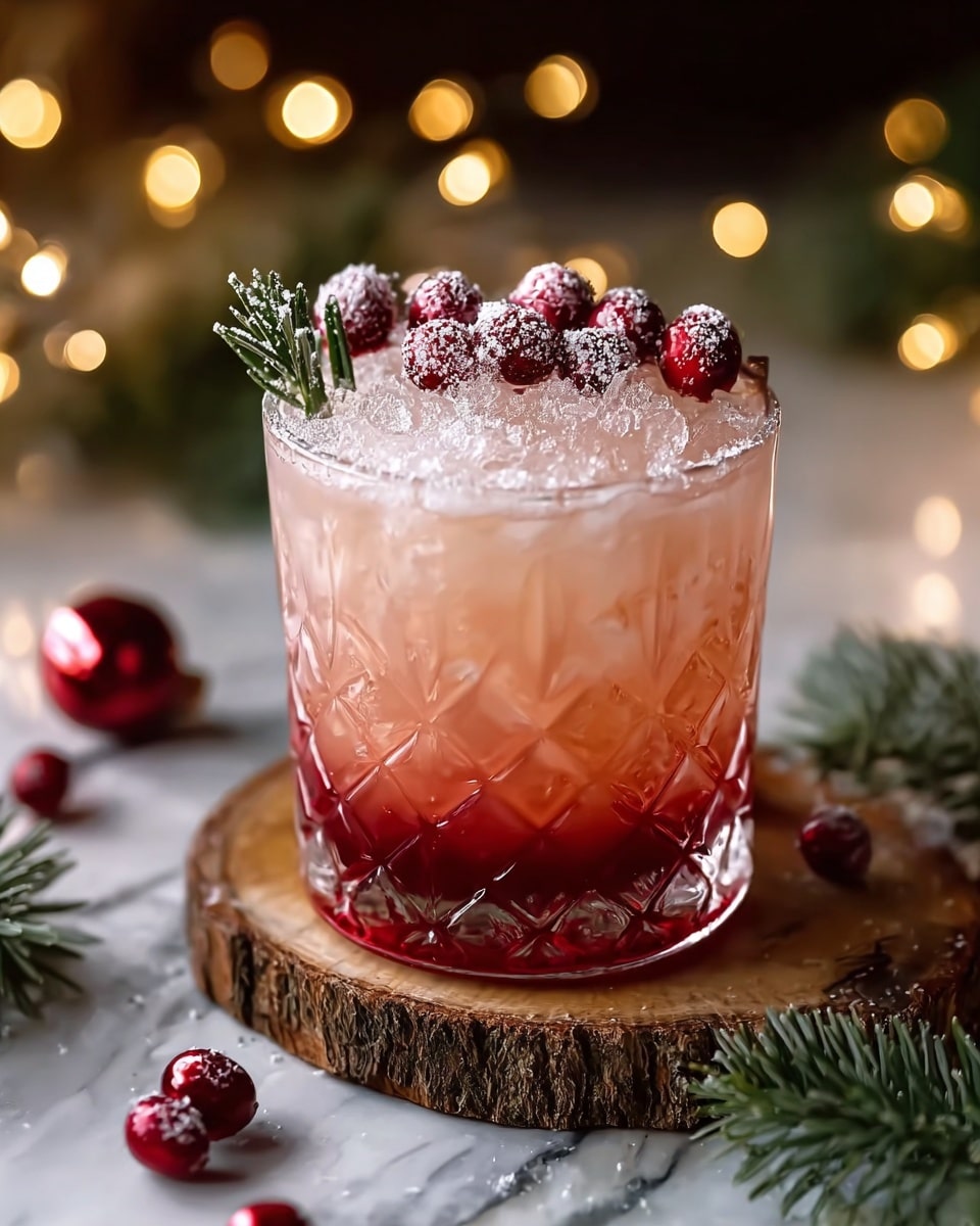 A clear glass with a diamond pattern holds a festive drink with three visible layers: a deep red layer sits at the bottom, blending into a light pink middle, topped with crushed ice that appears frosty and white. The rim of the glass is rimmed with white sugar crystals. On top of the ice, there are red Christmas ornament balls clustered together with some green leaves for decoration, all lightly dusted with white powdered sugar. The glass sits on a round wooden board, surrounded by green fir branches, and small red ornaments also dusted with powdered sugar. The background is a soft blur of warm yellow lights and a white marbled textured surface. Photo taken with an iphone --ar 4:5 --v 7