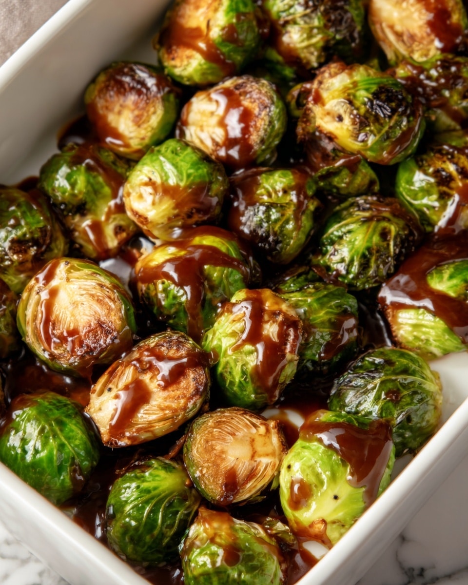 The image shows roasted Brussels sprouts in a white rectangular dish on a white marbled surface. The Brussels sprouts are halved, with vibrant green outer leaves and caramelized, browned cut sides facing up. A thick, dark brown sauce is drizzled unevenly over the sprouts, creating shiny patches and adding rich contrast to the green and golden tones. The roasted texture on the sprouts is visible, with some slight charring and crisp edges. Photo taken with an iphone --ar 4:5 --v 7