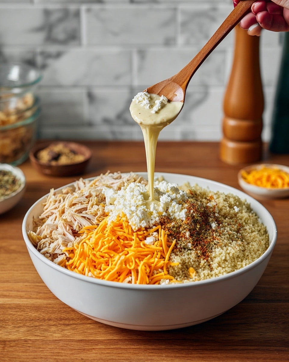 A large white bowl filled with a layered dish sits on a wooden table with a white marbled background. The bottom layer is made of light tan couscous grains, topped with shredded light brown chicken meat arranged around the edges. On top of the couscous and chicken, there are separate piles of bright orange shredded cheese, crumbly white cottage cheese, and a mix of dark and light spices sprinkled between the cheese and chicken. A woman's hand holds a wooden spoon above the bowl, dripping creamy, pale yellow sauce with cottage cheese clumps onto the layers below. Photo taken with an iphone --ar 4:5 --v 7