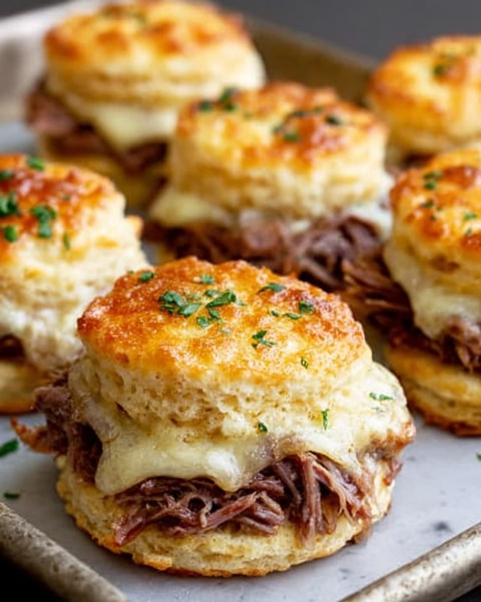 The image shows several small sandwiches on a metal tray, each with three visible layers: a bottom layer of a thick, golden brown biscuit, a middle layer of shredded, dark brown meat, and a top layer of melted, creamy white cheese sprinkled with chopped green herbs. The biscuits have a slightly crispy texture, and the cheese is glossy and smooth, melted evenly over the meat. The background surface is a white marbled texture. Photo taken with an iphone --ar 4:5 --v 7