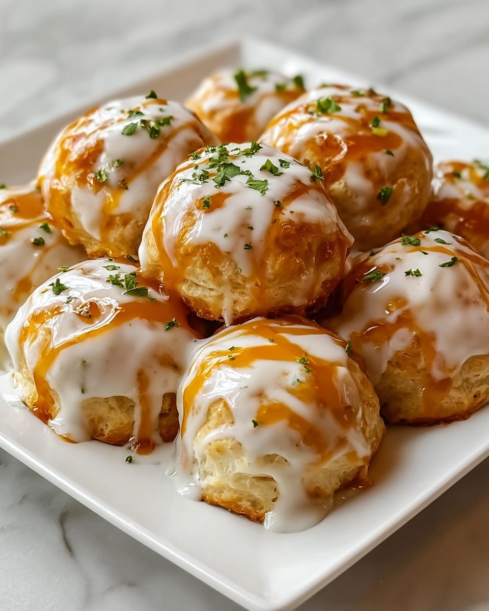 The image shows a white square plate filled with nine round, golden-brown biscuit balls arranged close together. Each biscuit ball has two layers of sauce on top: a shiny, smooth white layer generously covering the top and dripping down the sides, and an orange layer drizzled in a thin, uneven pattern over the white sauce. Small green herb pieces are sprinkled on top and around the biscuits, adding a touch of color. The plate rests on a white marbled surface. photo taken with an iphone --ar 4:5 --v 7