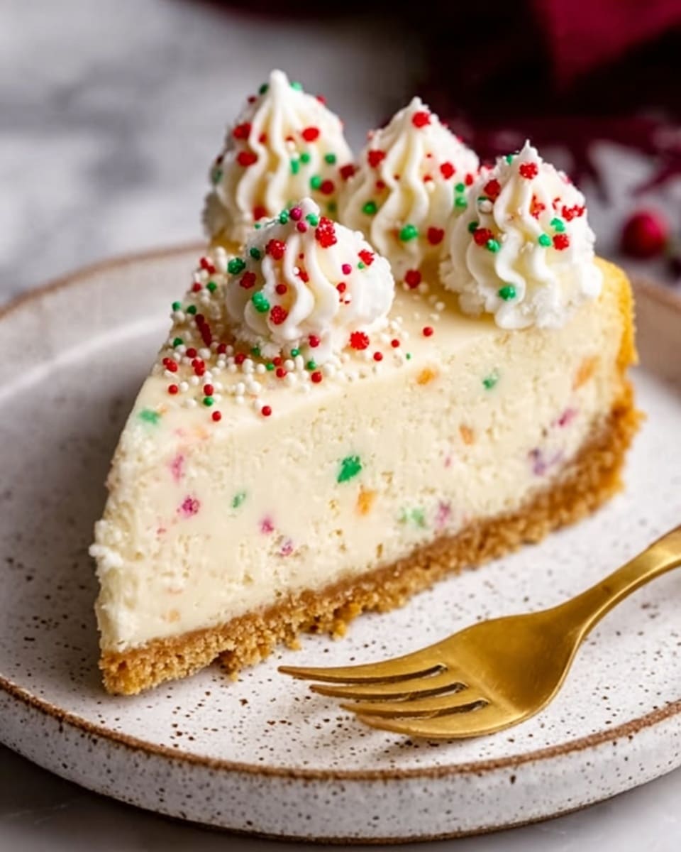 A slice of creamy cheesecake sits on a white speckled plate, showing three clear layers: a crumbly brown crust at the bottom, a thick pale yellow cheesecake middle with small bits, and a smooth white topping with three small round dollops. Red and green sprinkles are spread across the top and sides, adding bright color. A gold fork rests next to the cheesecake on the plate. The background is a white marbled surface. Photo taken with an iphone --ar 4:5 --v 7