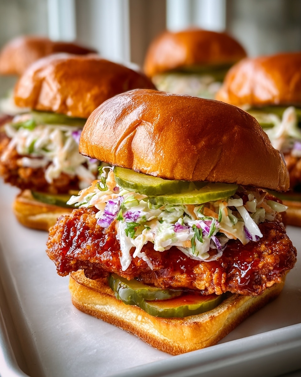 This image shows a close-up of four stacked fried chicken sandwiches on a white marbled surface. Each sandwich has a soft, glossy, golden-brown bun top with a pillowy texture. The main layer features a thick and crispy fried chicken fillet coated in a dark reddish-brown sauce, giving it a shiny and crunchy look. On top of the chicken, there is a layer of creamy coleslaw with shredded white and purple cabbage mixed with green herbs. Above the coleslaw, several thick, green pickle slices add texture and color contrast. The bottom bun is lightly toasted and golden, supporting the sandwich layers firmly. The sandwiches in the background are slightly out of focus, making the front sandwich the clear focal point. photo taken with an iphone --ar 4:5 --v 7