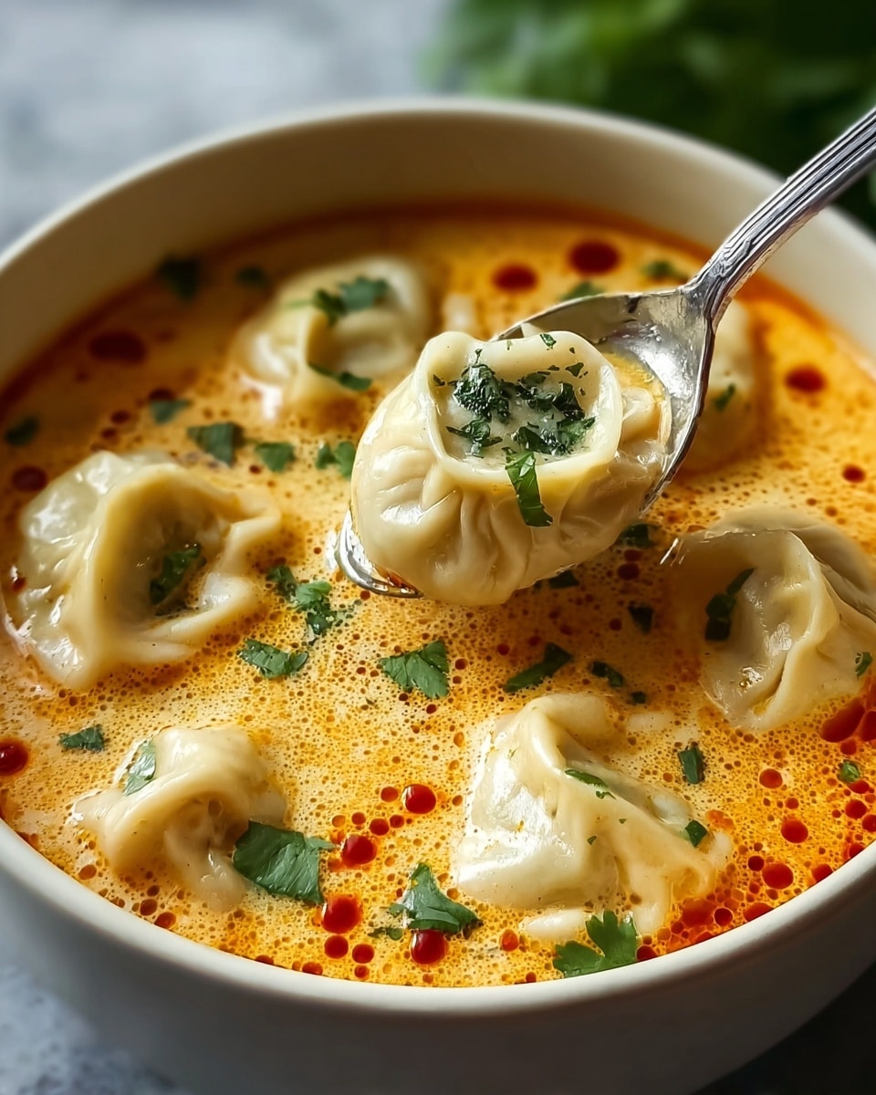 A close-up view of a bowl filled with creamy orange soup dotted with red oil drops, containing several soft dumplings floating on the surface, each dumpling pale beige with delicate folds and a smooth texture, topped with small green cilantro leaves scattered across the soup. A silver spoon lifts one dumpling filled with green herbs, capturing the light creaminess of the soup. The bowl is white and sits on a white marbled surface, creating a bright, fresh look. photo taken with an iphone --ar 4:5 --v 7