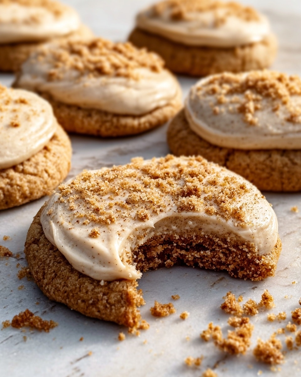 The image shows several round cookies with a light brown base and a thick layer of creamy, light beige frosting on top. The frosting is smooth with a crumbly topping sprinkled across the surface in a rough, uneven way. One cookie is bitten into, revealing a soft, moist inside with crumbs scattered around it on a white marbled surface. The cookies are spaced apart with natural lighting highlighting their texture. photo taken with an iphone --ar 4:5 --v 7