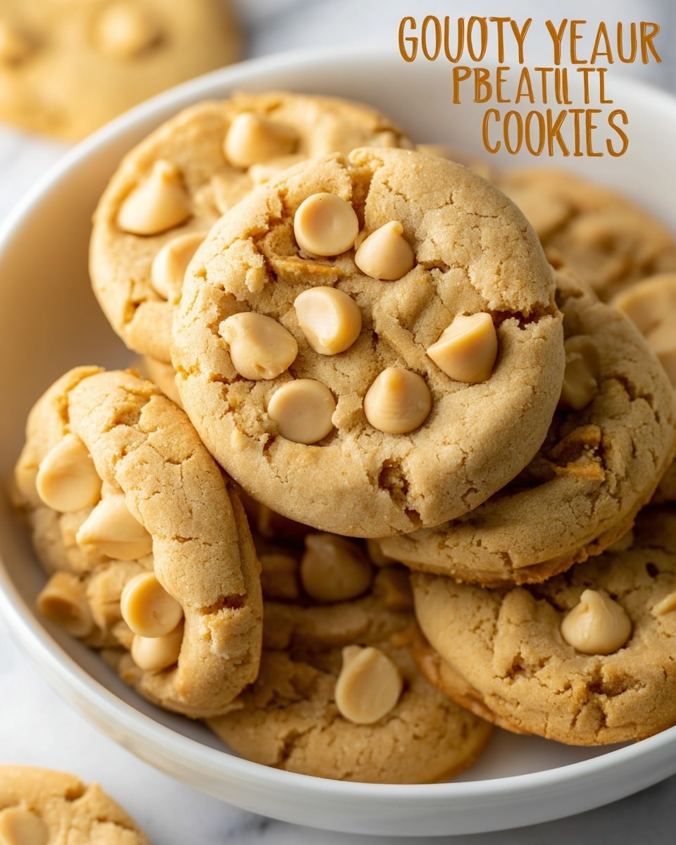 The image shows a close-up of soft peanut butter cookies topped with small chunks of peanut butter chips, arranged in a white bowl against a white marbled background. The cookies have a light golden-brown color with a cracked, slightly textured surface and are stacked in layers inside the bowl. The peanut butter chips are a pale cream color and are scattered mostly in the center of each cookie, adding a contrasting texture. The overall scene is bright and warm, highlighting the cookies' softness and the creamy chips on top. Photo taken with an iphone --ar 4:5 --v 7