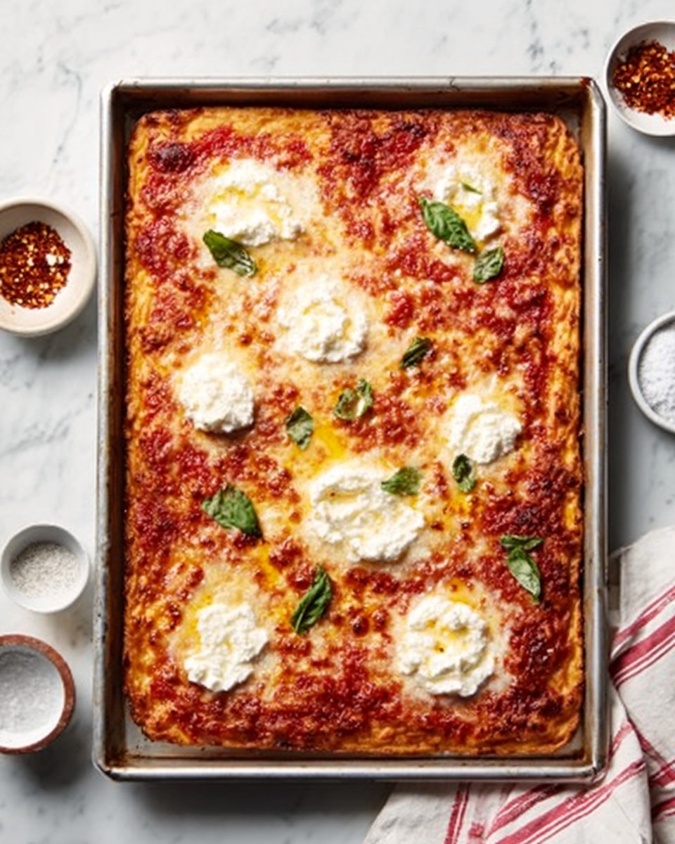 A rectangular pizza with a golden brown crust fills a metal baking tray placed on a white marbled surface. The pizza has a base layer of melted orange-brown cheese mixed with red tomato sauce, topped with multiple scattered dollops of soft white mozzarella cheese. Fresh green basil leaves are spread unevenly on top, along with small sprinkles of chili flakes and a drizzle of olive oil that gives a shiny texture. The edges of the crust are crisp and slightly puffed, showing a well-baked dough layer beneath all toppings. Photo taken with an iphone --ar 4:5 --v 7