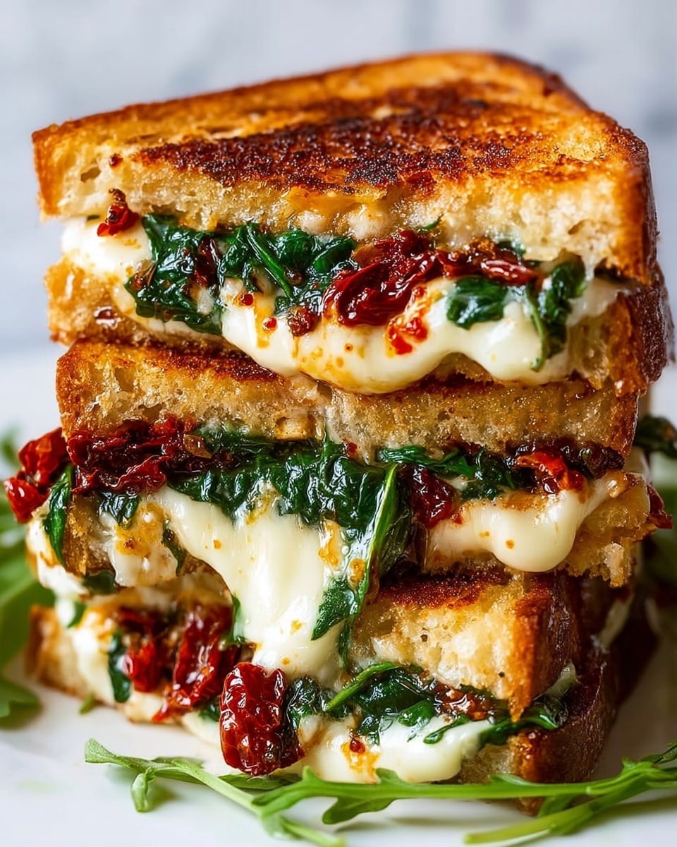 A close-up of a toasted sandwich stacked in three uneven layers, each layer showing golden brown, crispy bread on top and bottom with a soft texture inside; the filling visible between the bread consists of melted white cheese that is gooey and stretches slightly, bright green leafy spinach mixed with some moisture, and dark red sun-dried tomatoes adding a rich pop of color. The sandwich rests on a white plate with a few green arugula leaves beside it, all set against a white marbled texture background. photo taken with an iphone --ar 4:5 --v 7