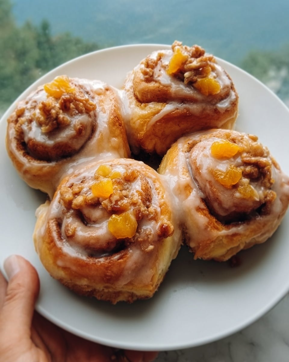 The image shows four cinnamon rolls on a white plate, each roll covered with a smooth, light brown glaze and topped with small chunks of bright orange fruit. The rolls have a spiral shape with light golden brown dough layers swirling inward, showing a slightly shiny texture from the glaze. The fruit pieces are scattered mainly on the top center of each roll, adding a fresh pop of color. The plate sits on a white marbled surface, and a woman's hand is gently holding the edge of the plate. Photo taken with an iphone --ar 4:5 --v 7