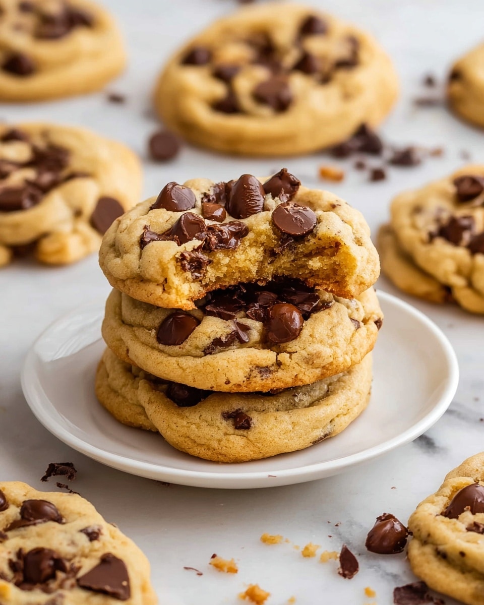 A stack of three thick, soft chocolate chip cookies sits at the center on a white plate. The top cookie has a bite taken out of it, showing a dense, chewy inside with melted chocolate bits. Each cookie is a light golden brown with a rough, slightly crumbly texture, scattered with large, shiny dark chocolate chips and chunks on the surface. Around the plate, more cookies are spread casually, also thick and golden, each topped with several dark chocolate chips. The whole scene rests on a white marbled surface with a few cookie crumbs and chocolate chips scattered. photo taken with an iphone --ar 4:5 --v 7