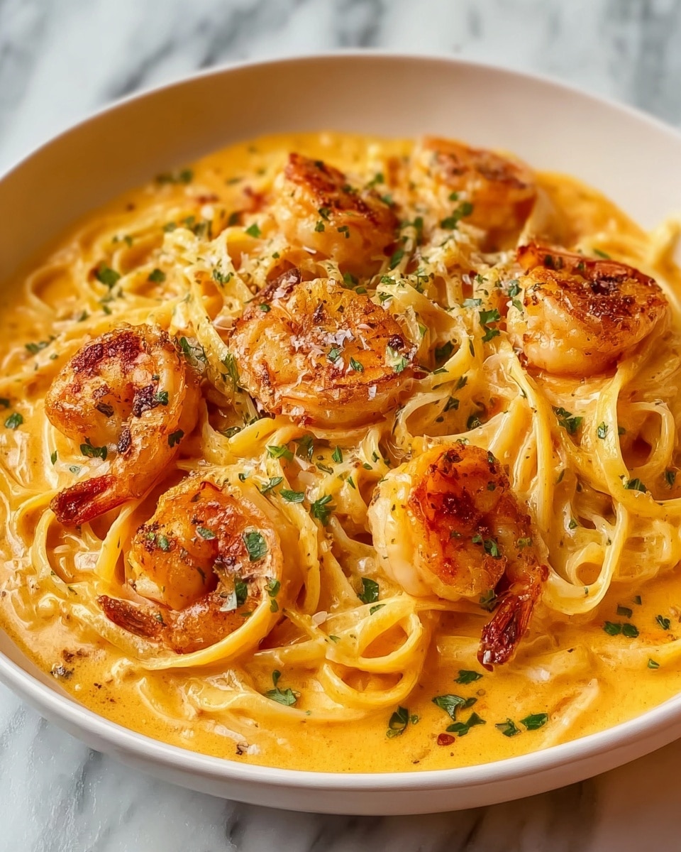 This image shows a creamy shrimp pasta served in a shallow white bowl on a white marbled surface. The dish has a base layer of long, thin noodles coated in a thick, orange-yellow creamy sauce that looks smooth and rich. Scattered on top of the noodles are several cooked shrimp with a slightly charred, pink-orange color, adding texture and visual contrast. Small green parsley pieces are sprinkled evenly over the shrimp and noodles, giving a fresh pop of color. The creamy sauce lightly covers all elements, blending the colors softly. photo taken with an iphone --ar 4:5 --v 7