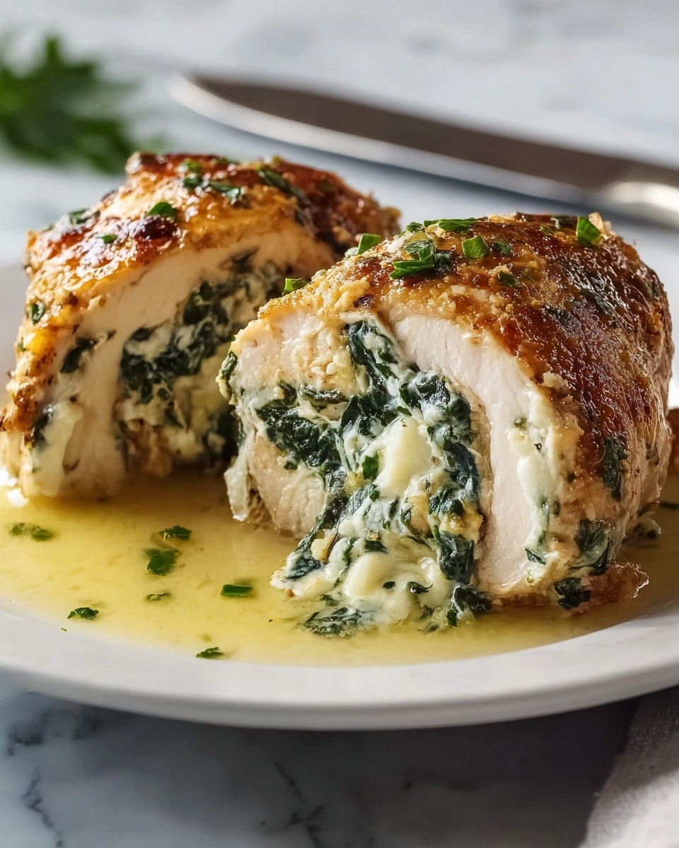 The image shows a close-up of two pieces of stuffed chicken breast on a white plate. The chicken has a golden brown, crispy skin on the outside, while the inside is white and moist. Inside the chicken, there is a creamy filling with green spinach and white cheese mixed together, creating a textured and layered look. The dish is topped with small green herb pieces and is served with a light yellow sauce pooling around the chicken on the plate. The background features a white marbled surface with a blurred silver knife in the background. Photo taken with an iphone --ar 4:5 --v 7