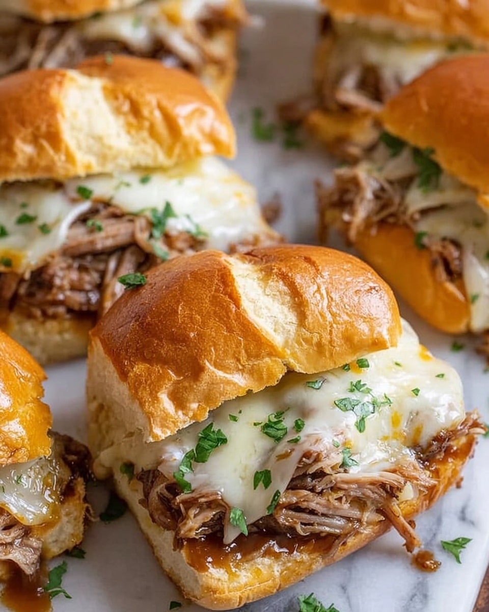 The image shows several pulled pork sandwiches on a white surface with a white marbled texture. Each sandwich has three layers: a top golden-brown toasted bun with a soft texture, a middle layer of shredded pulled pork in a juicy brown sauce, and a melted light yellow cheese layer on top of the pork. Small bits of green parsley are sprinkled on the cheese and buns for garnish. The sandwiches are closely placed, displaying their gooey cheese stretch and tender meat. Photo taken with an iphone --ar 4:5 --v 7