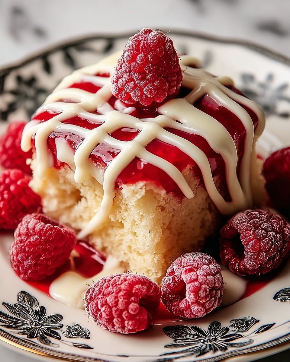 A close-up image of a single square piece of light yellow sponge cake with a moist texture, topped with a glossy, deep red raspberry jelly layer. White creamy sauce is drizzled in thick lines over the jelly, some dripping onto the plate. A fresh raspberry sits on top of the cake, with several more raspberries scattered around the cake on a white plate decorated with black intricate patterns. The plate rests on a white marbled surface. photo taken with an iphone --ar 4:5 --v 7
