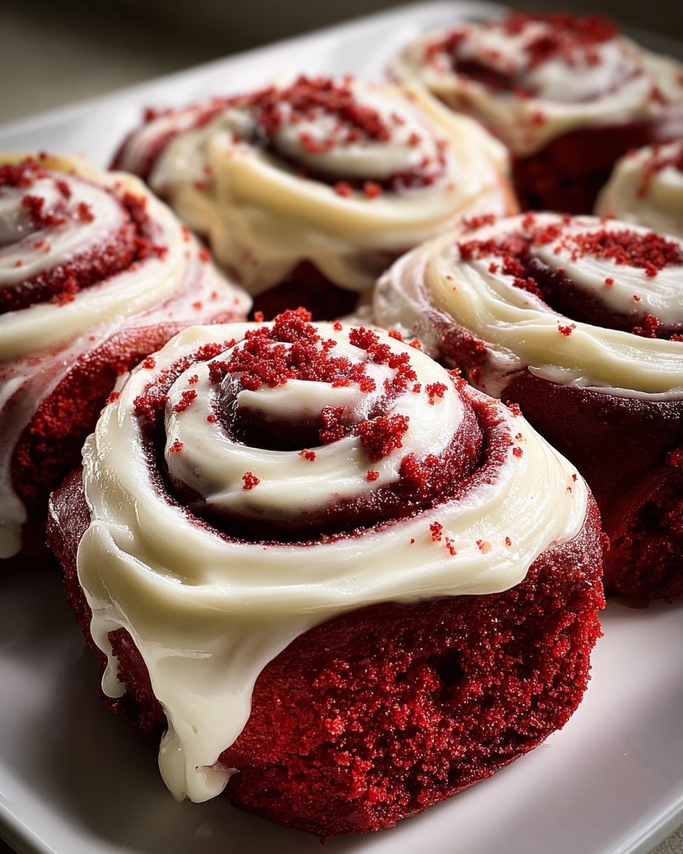 A close-up of six red velvet cinnamon rolls arranged on a white plate, each roll having a thick spiral layer of deep red dough with a smooth, glossy cream cheese glaze sitting on top and dripping slightly down the sides; the texture of the red velvet cake is soft with visible crumbs, and the cream cheese layer features swirls that follow the roll’s spiral pattern. The plate rests on a white marbled surface, and the lighting highlights the moistness and richness of the rolls. photo taken with an iphone --ar 4:5 --v 7