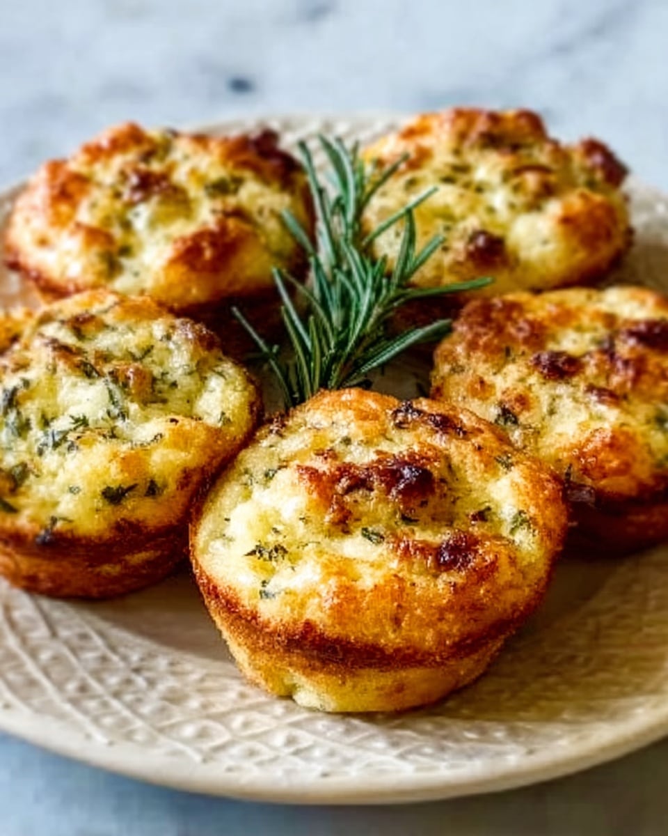 The image shows five small round savory muffins placed on a white plate with a textured pattern. Each muffin has a golden brown top with bits of green herbs sprinkled evenly across it, and small browned spots indicating a crispy baked surface. The muffins’ sides are slightly puffy and have a light yellowish color suggesting a soft interior. There is a sprig of fresh rosemary placed in the middle of the plate as decoration. The plate sits on a white marbled surface. photo taken with an iphone --ar 4:5 --v 7