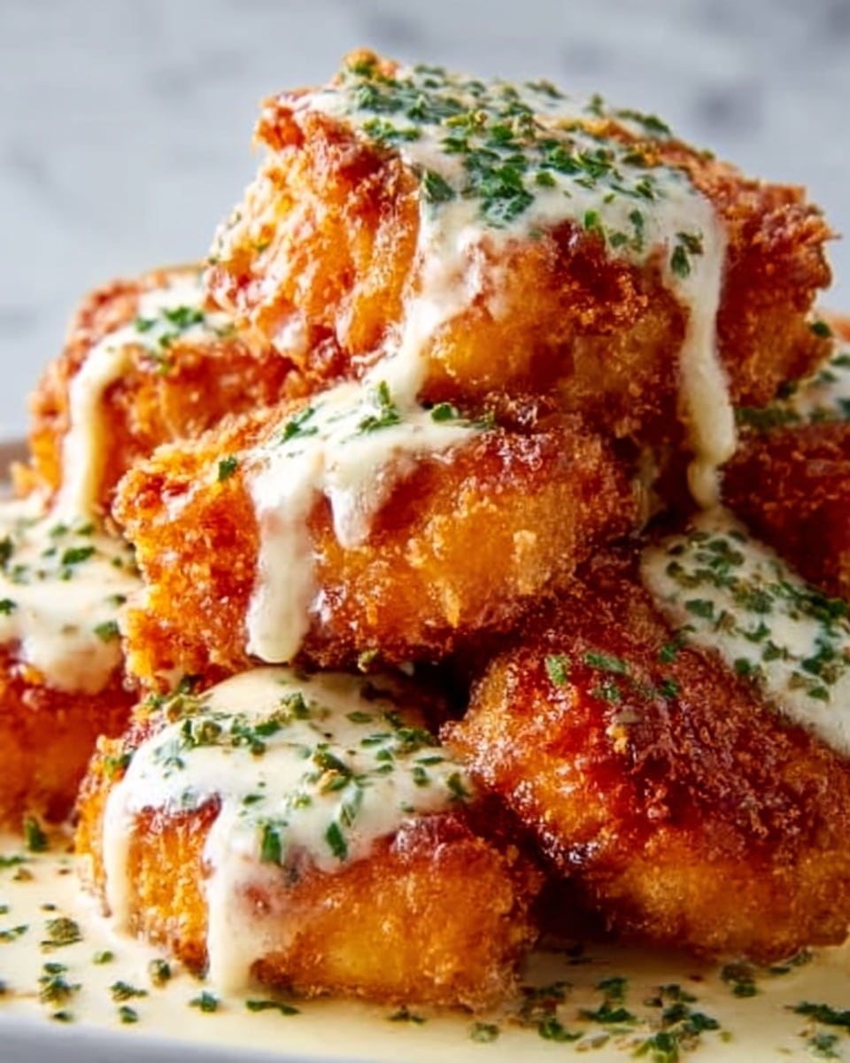 The image shows several pieces of golden-brown fried chicken layered on top of each other, with a crispy and crunchy texture. Each piece is topped with white creamy sauce that slightly drips down the sides, creating a smooth contrast to the crunchy surface. Small green herb bits are sprinkled evenly over the chicken and sauce, adding a fresh touch. The background is a white marbled surface, making the warm colors of the food stand out. Photo taken with an iphone --ar 4:5 --v 7