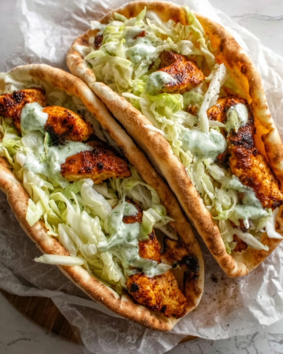 Two stuffed pockets of warm pita bread filled with vibrant roasted orange cauliflower and shredded light green cabbage, layered neatly inside. The pita's surface is soft with slight browning, and the filling sits generously, spilling slightly at the edges. A small white bowl with a creamy light green sauce sits nearby on the white marbled surface. The scene is bright and fresh, with a clean, cozy feel. Photo taken with an iphone --ar 4:5 --v 7