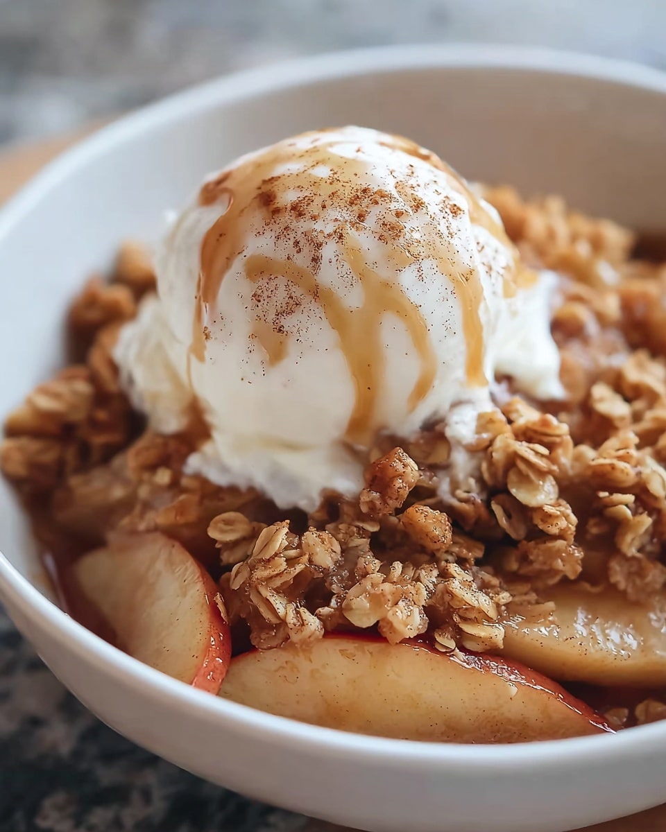 A white bowl filled with baked apple slices at the bottom, coated lightly with cinnamon and sugar, topped with a layer of crumbly oat granola mixed with cinnamon, and crowned by a smooth scoop of vanilla ice cream drizzled with cinnamon powder and syrup, the ice cream slightly melting over the warm apple and granola beneath, photo taken with an iphone --ar 4:5 --v 7