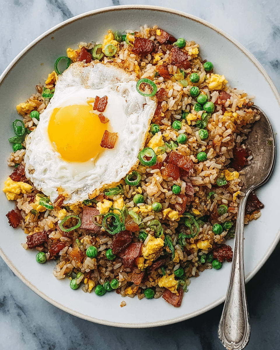 The dish is a bowl of fried rice served in a white bowl with a slightly speckled rim. The fried rice has layers of light brown, fluffy rice mixed with small pieces of yellow scrambled eggs, dark brown crispy bacon, and bright green peas and chopped scallions. On top, there is a single fried egg with a white edge and a runny, bright yellow yolk center. A gold-colored spoon rests on the right side inside the bowl. The bowl sits on a white marbled surface. photo taken with an iphone --ar 4:5 --v 7