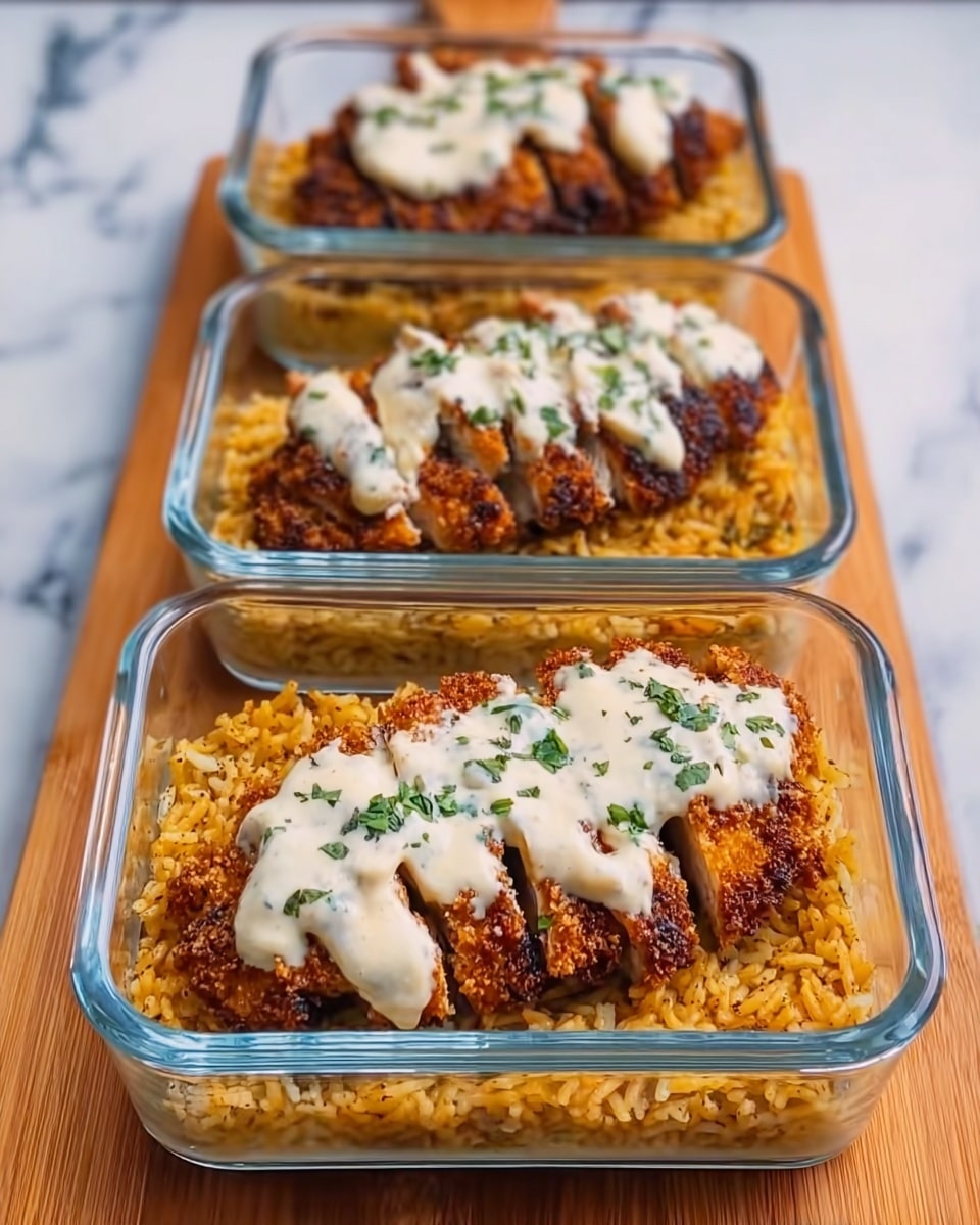 Three clear glass rectangular containers are lined up on a wooden cutting board over a white marbled surface. Each container holds a layer of yellow-brown rice at the bottom, topped with a dark brown, crispy fried chicken fillet that is cut into multiple pieces. A creamy white sauce is poured over the chicken, garnished with small green herb pieces. The focus is on the front container, showing the texture and color of each layer clearly. Photo taken with an iphone --ar 4:5 --v 7