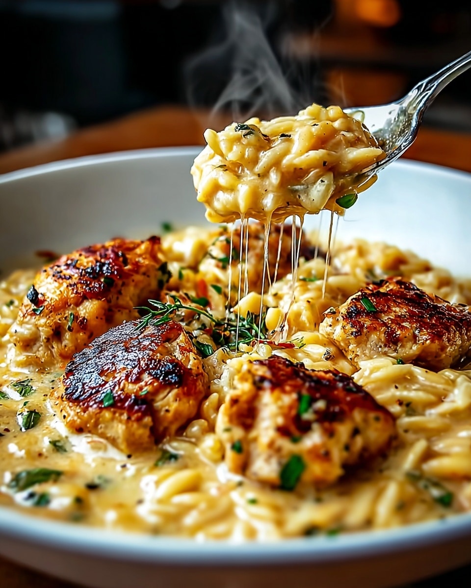 The dish shows a close-up of creamy orzo pasta mixed with golden-brown grilled chicken pieces, all served in a white bowl that has a slight shine. The orzo layer is soft and saucy, with a light yellow color and small green herb bits scattered throughout. On top, the chicken pieces are browned with crispy edges and flecks of herbs, giving a textured look. A spoon lifts a portion of the creamy orzo, showing melted cheese strands stretching slightly, adding a gooey texture with steam rising in the background. The whole image is set on a white marbled surface with warm lighting enhancing the golden tones of the food. photo taken with an iphone --ar 4:5 --v 7