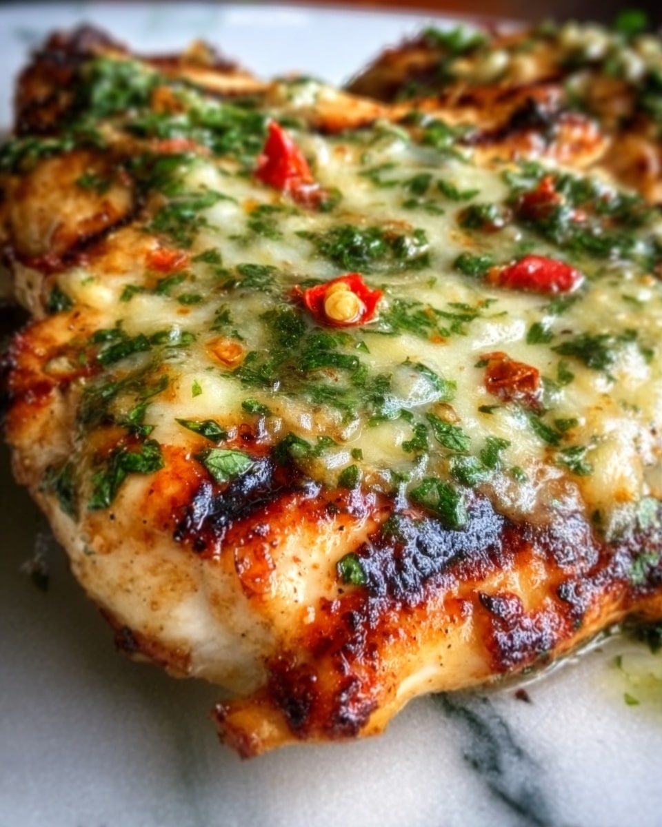 The image shows a close-up of a grilled chicken breast topped with melted cheese and green herbs. The chicken is golden brown with grill marks visible on the edges. The cheese is creamy and slightly browned with small pieces of red chili and green herbs sprinkled on top. The background is a white marbled surface. photo taken with an iphone --ar 4:5 --v 7