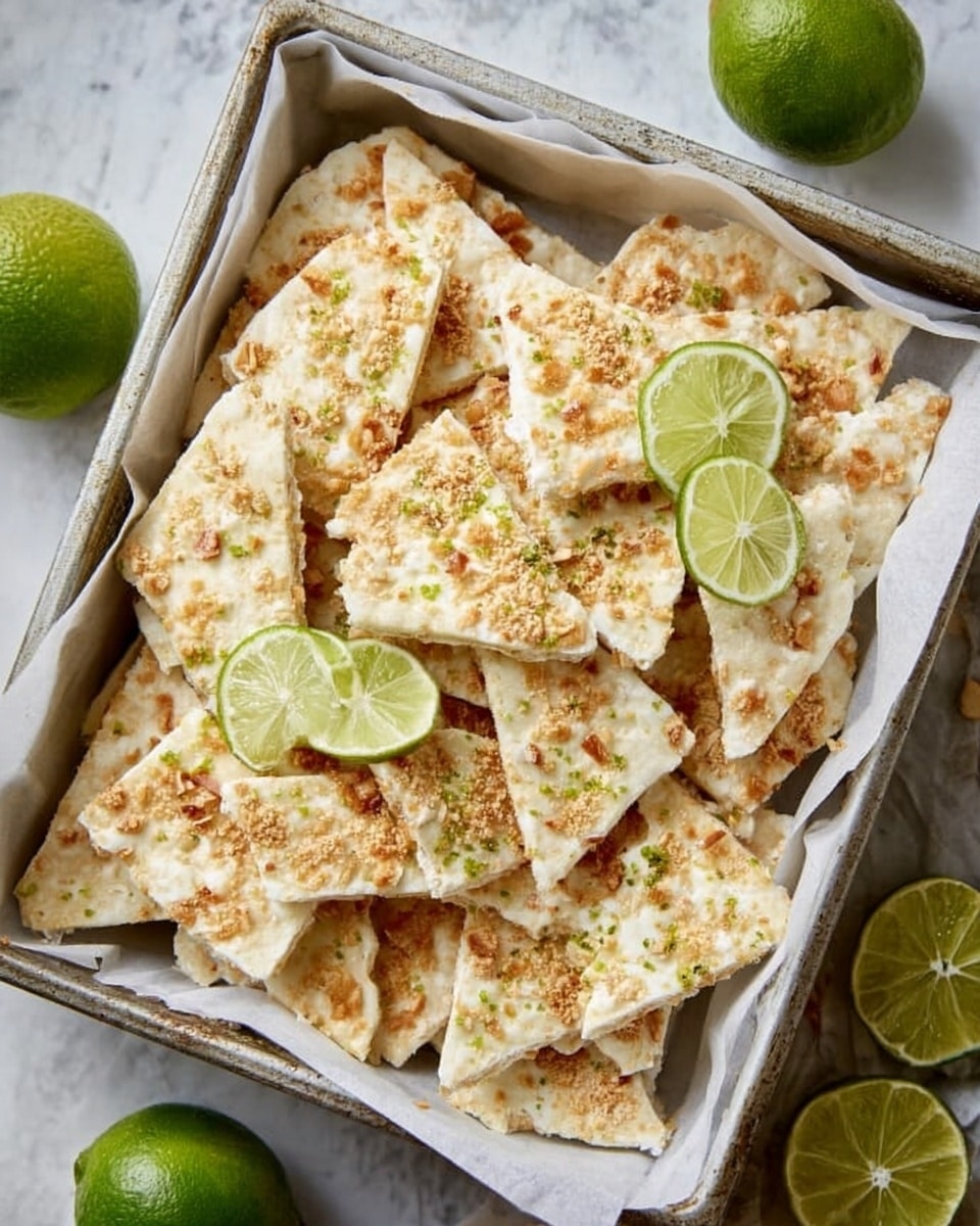 A metal square tray filled with irregularly broken flat crackers that are off-white in color, each cracker topped with small bits of light brown toasted crumbs and a light sprinkle of green seasoning. Scattered on top and around the crackers are fresh lime slices with light green flesh and a darker green rind. The tray is lined with white parchment paper, and the background surface shows a soft white marbled texture. Photo taken with an iphone --ar 4:5 --v 7