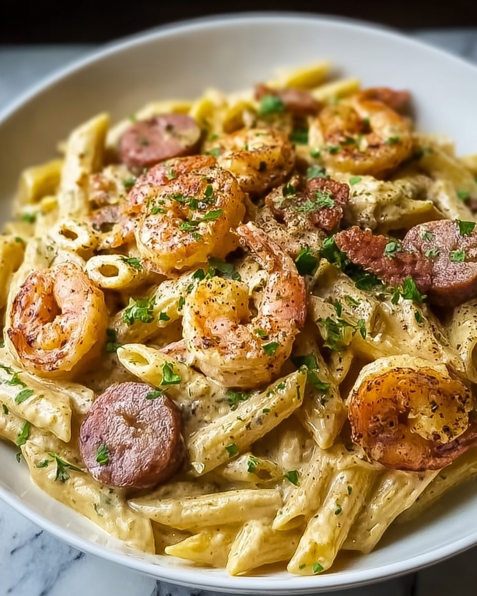 A white shallow bowl filled with creamy penne pasta layered with pink shrimp and browned sausage slices, all coated in a rich, light yellow sauce. The dish is sprinkled with chopped fresh green herbs and cracked black pepper, adding contrast and texture. The shrimp appear juicy and slightly curled, while the sausage rounds show a crispy, caramelized surface. The background features a white marbled texture, giving the scene a clean and fresh feel. Photo taken with an iphone --ar 4:5 --v 7