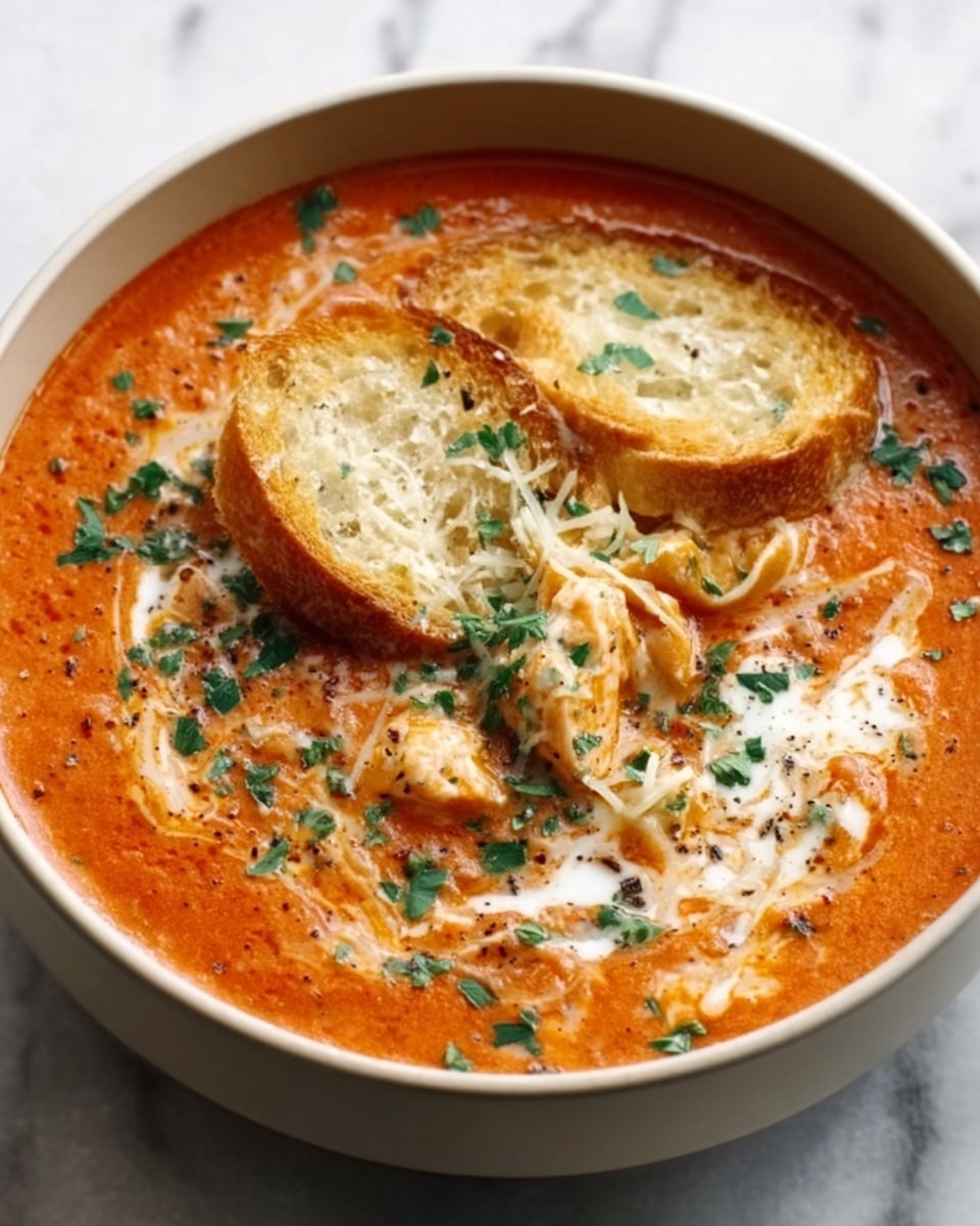 A close-up image of a bowl filled with creamy tomato soup, showing a smooth orange-red base with small pieces of white cream swirled on top, mixed with finely chopped green herbs. Floating in the soup are slices of light brown toasted bread, slightly soaked at the edges. The soup is garnished with some finely chopped green herbs scattered on the surface, adding a fresh look. The round bowl is white and placed on a white marbled texture surface. photo taken with an iphone --ar 4:5 --v 7
