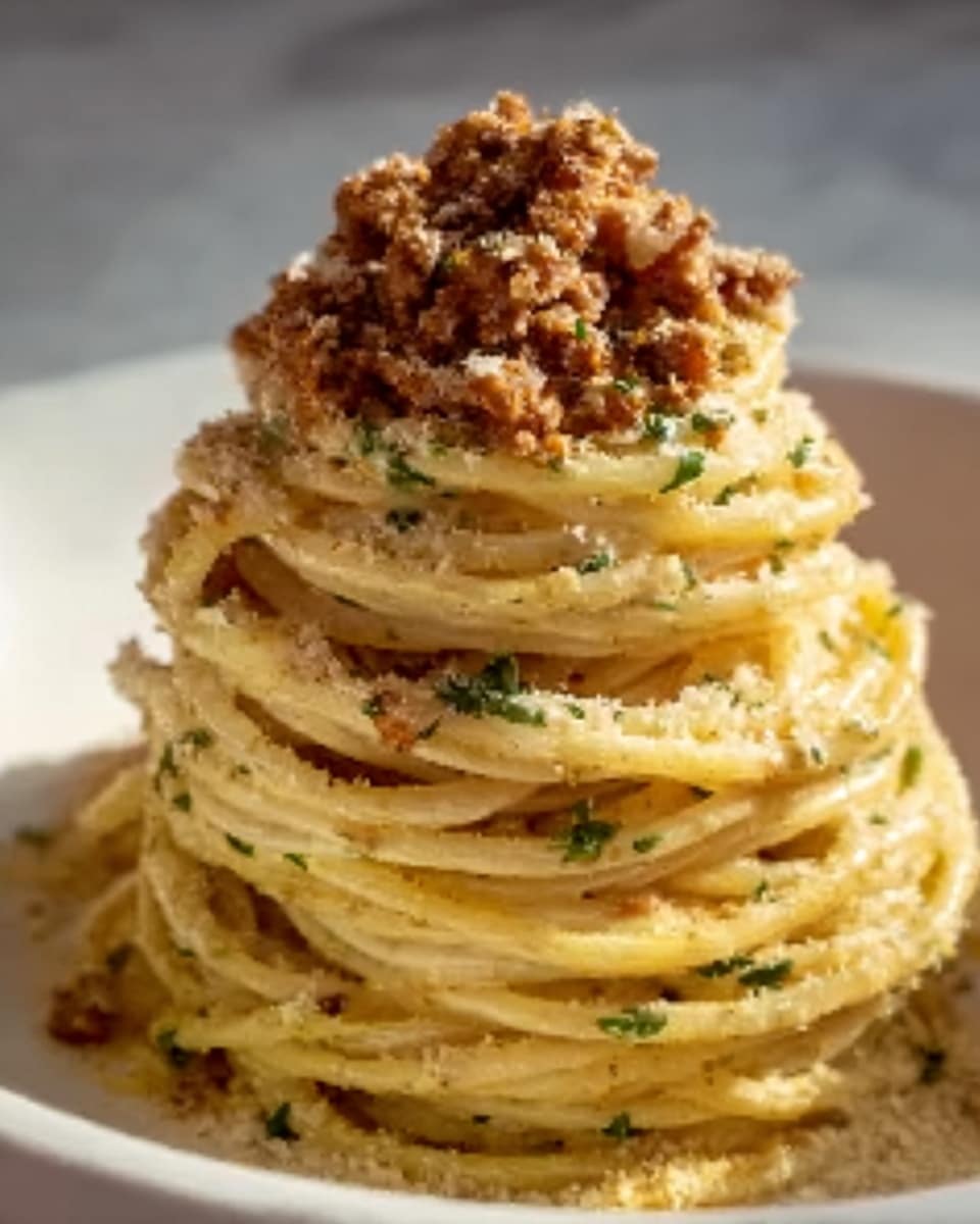 A tall stack of thin spaghetti pasta is neatly layered in a spiral shape on a white plate, with a creamy, pale yellow sauce coating the noodles evenly. Finely chopped green herbs are sprinkled throughout the pasta, adding small bright green specks. On top of the pasta sits a crumbled brown meat mixture, textured with small pieces that look soft but cooked. The dish is set on a white marbled surface, with warm, natural lighting highlighting the smooth and creamy texture of the sauce. photo taken with an iphone --ar 4:5 --v 7