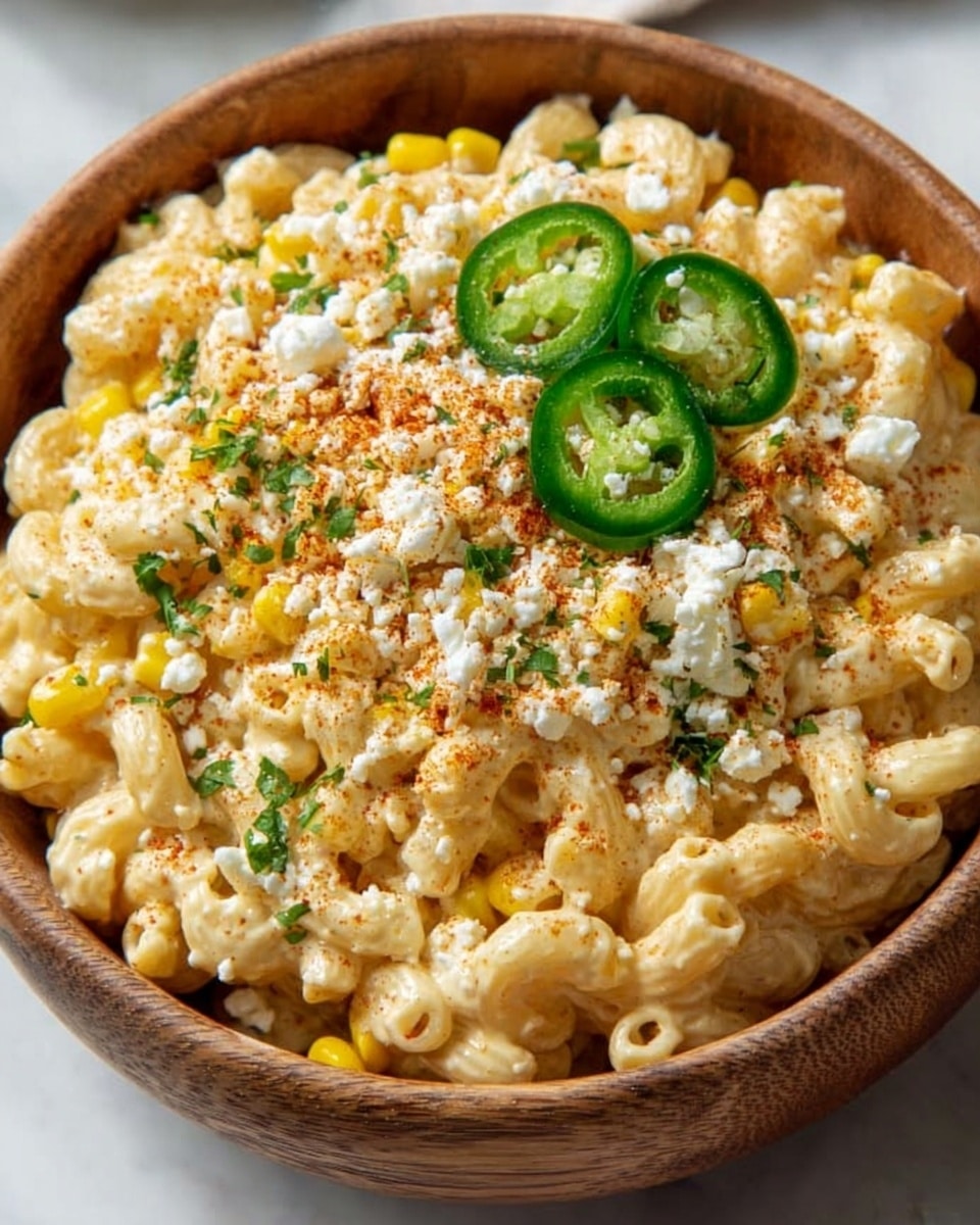 A wooden bowl is filled with creamy macaroni pasta, with macaroni covered in smooth, light yellow cheese sauce as the first layer. Scattered small yellow corn kernels mix evenly through the pasta. The top layer has white crumbly cheese sprinkled over the dish with small fresher green herb pieces spread around. Two whole slices of fresh green jalapeño peppers sit on top, along with a light sprinkle of reddish paprika or chili powder, adding a mix of colors and texture. The bowl is set on a white marbled surface photo taken with an iphone --ar 4:5 --v 7