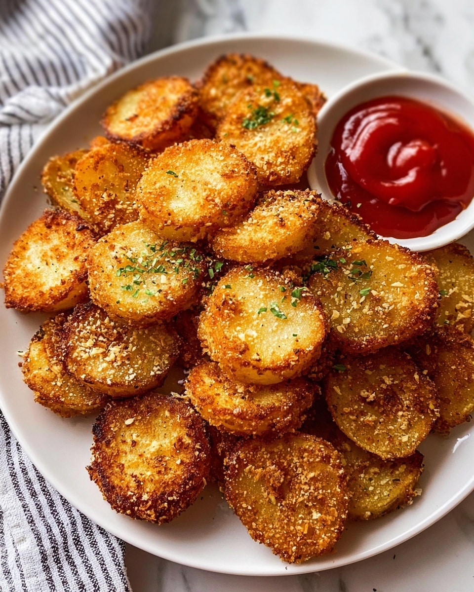 The image shows a white plate filled with many golden-brown, round fried potato slices that have a crispy, crumb-coated texture. Some pieces are stacked slightly on top of each other, and small green herb bits are sprinkled over the potatoes. A dollop of red ketchup is placed at the back of the plate. The plate sits on a white marbled surface with a striped cloth partially visible next to it. Photo taken with an iphone --ar 4:5 --v 7