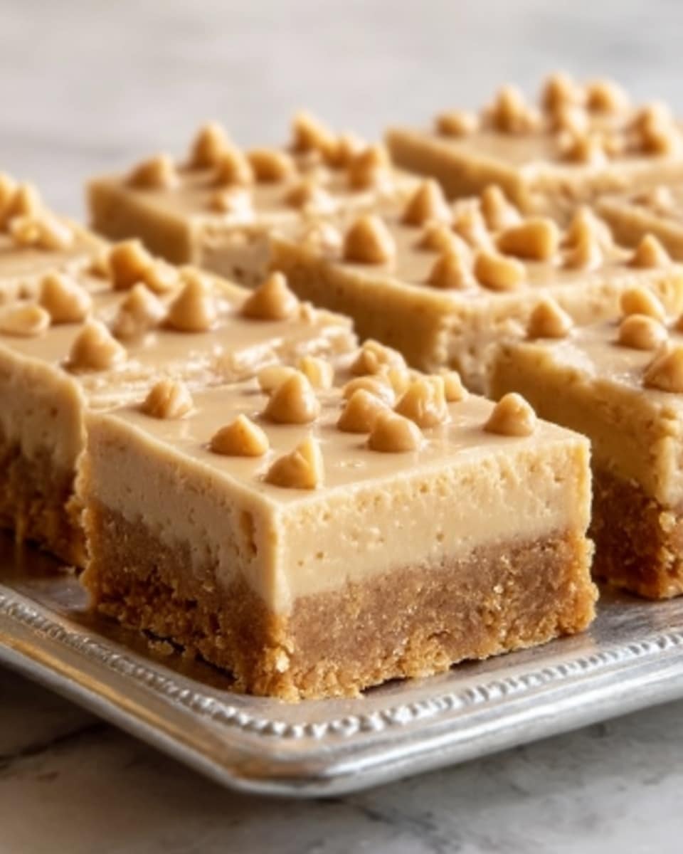 The image shows four square bars of peanut butter dessert on a silver tray. Each bar has three layers: the bottom layer is a light golden brown crust that looks crumbly, the middle layer is creamy and light beige, and the top layer is smooth with small golden peanut butter chips sprinkled evenly. The bars have clean straight edges and a soft, slightly shiny top. The background is a white marbled texture. Photo taken with an iphone --ar 4:5 --v 7