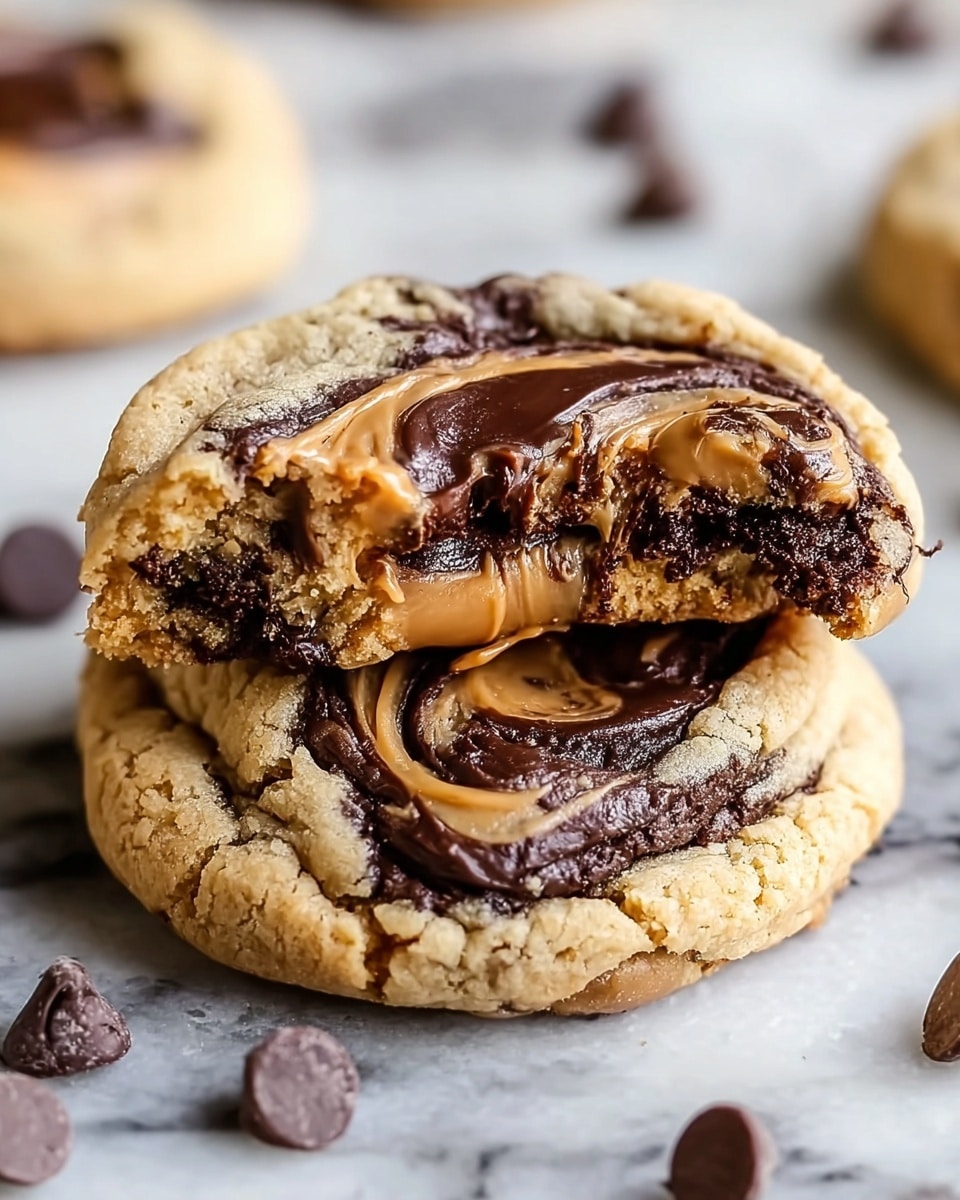 A close-up image of two stacked cookies with the top cookie partially broken showing a soft, gooey inside. The cookies have a cracked light golden-brown outer layer with a swirl of dark chocolate and peanut butter in the center. The swirl has a smooth, glossy texture with shades of dark brown and tan mixing together. Around the cookies are scattered dark brown chocolate chips on a white marbled surface. Photo taken with an iphone --ar 4:5 --v 7