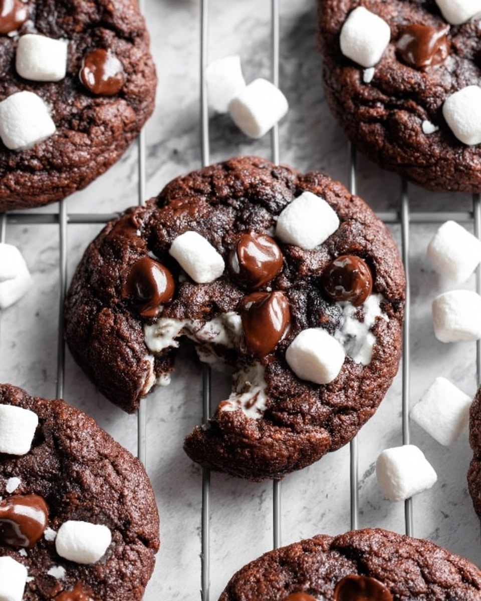 The image shows several dark chocolate cookies with a rough texture, each topped with small white marshmallows and glossy, melted chocolate chips that glisten. One cookie in the center is slightly broken, revealing a soft, gooey white marshmallow inside. The cookies rest on a metal cooling rack with a few marshmallows scattered around. The background is a white marbled surface that contrasts with the dark cookies beautifully. A woman's hand is about to pick up one cookie. photo taken with an iphone --ar 4:5 --v 7